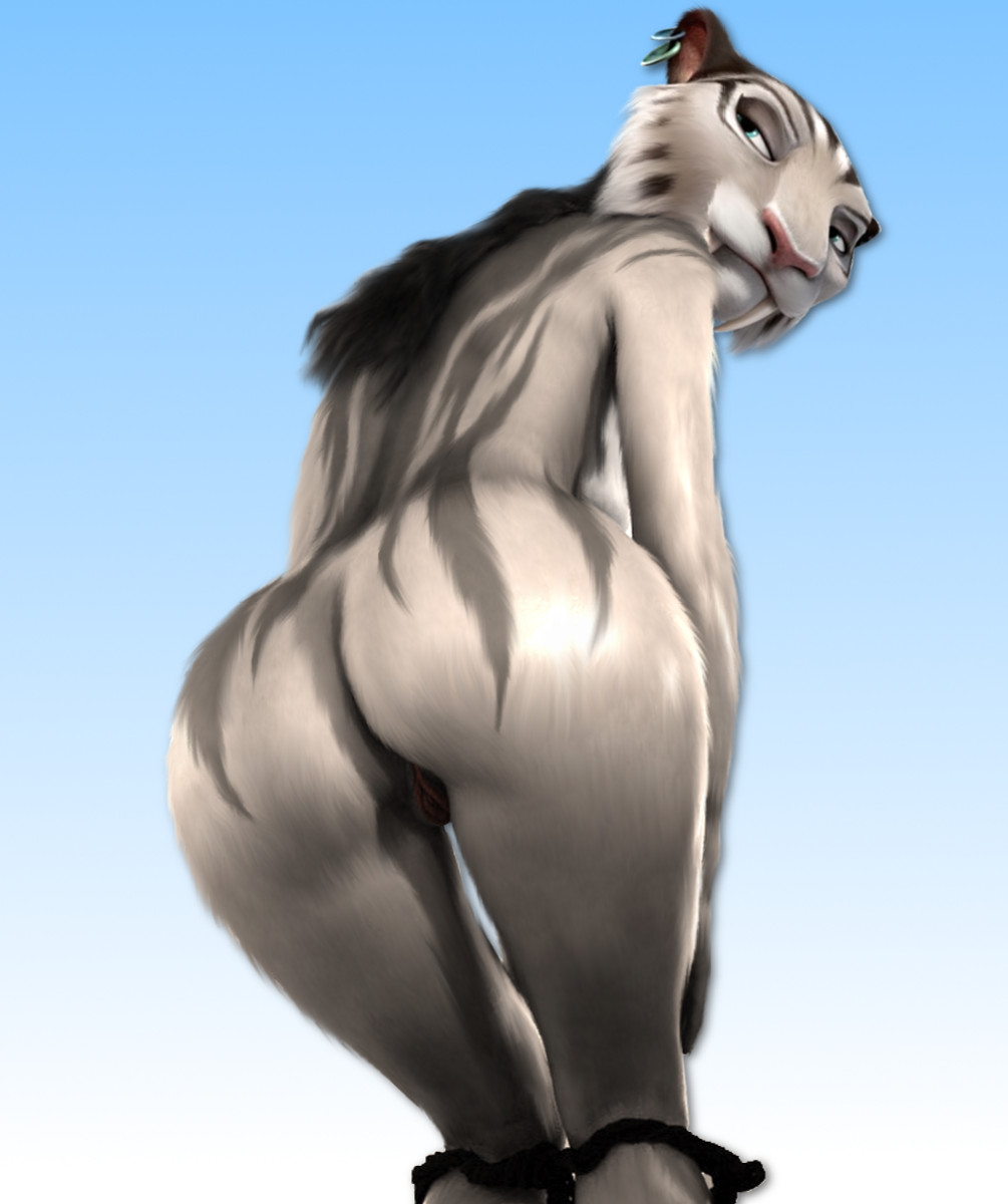 anthrofied antrhofied bent_over big_butt butt ear_piercing edit feline female fur ice_age mammal oystercatcher7 photo_manipulation photomorph piercing presenting pussy saber_tooth_tiger shira_(ice_age) stripes underwear