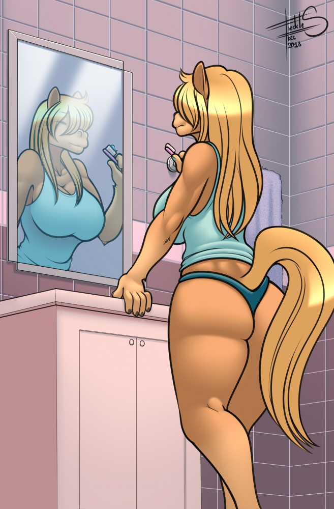 2018 anise anthro bathroom blonde_hair breasts butt clothed clothing digital_media_(artwork) equine eyes_closed female freckles_(artist) hair holding_object horse inside long_hair mammal mirror reflection signature solo toothbrush