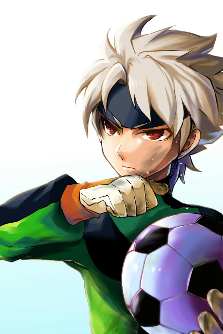 bad_id bad_pixiv_id ball earth_eleven gloves goalkeeper headband ibuki_munemasa inazuma_eleven_(series) inazuma_eleven_go inazuma_eleven_go_galaxy itoko_(designcourse) male_focus red_eyes simple_background soccer_ball soccer_uniform solo sportswear telstar upper_body white_background