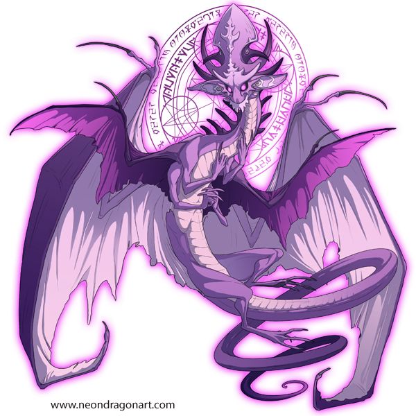 arcanist big_ears claws deity diety dragon flight_rising four_arms glowing horn long_body male multi_limb multiple_arms multiple_wings neondragon neonedragon pink_body pink_eyes purple_eyes scalie solo spikes
