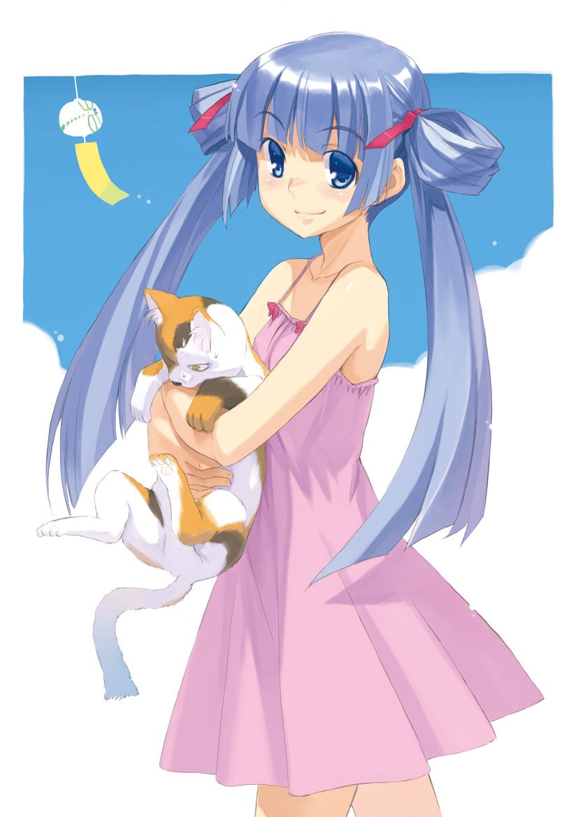 amano_saki bangs bare_shoulders blue_eyes blue_hair blush bow breasts calico carrying cat cloud cowboy_shot dress from_side hair_ribbon hair_rings inu kanamemo light_smile long_hair looking_at_viewer ofuda older outdoors pink_dress pleated_dress ribbon short_dress sky small_breasts smile solo sundress twintails very_long_hair