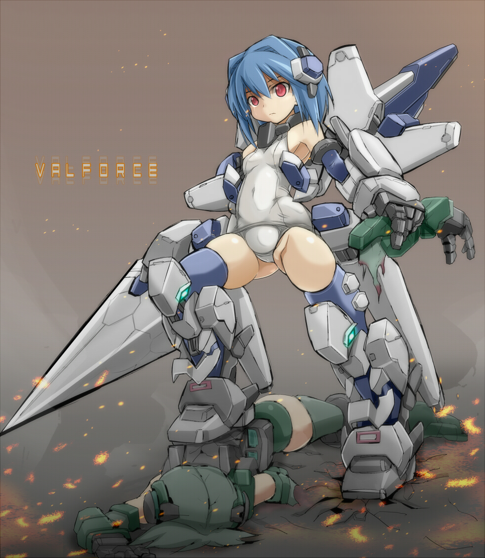 battle blue_hair blue_legwear breasts damaged defeat densou_tenshi_valforce detached_arm green_legwear ground_shatter hair_intakes headgear huge_weapon kannagi_ai karukan_(monjya) lance mecha_musume mechanical_arms multiple_girls one-piece_swimsuit polearm red_eyes school_swimsuit short_hair small_breasts standing_on_person swimsuit thighhighs thrusters weapon white_swimsuit