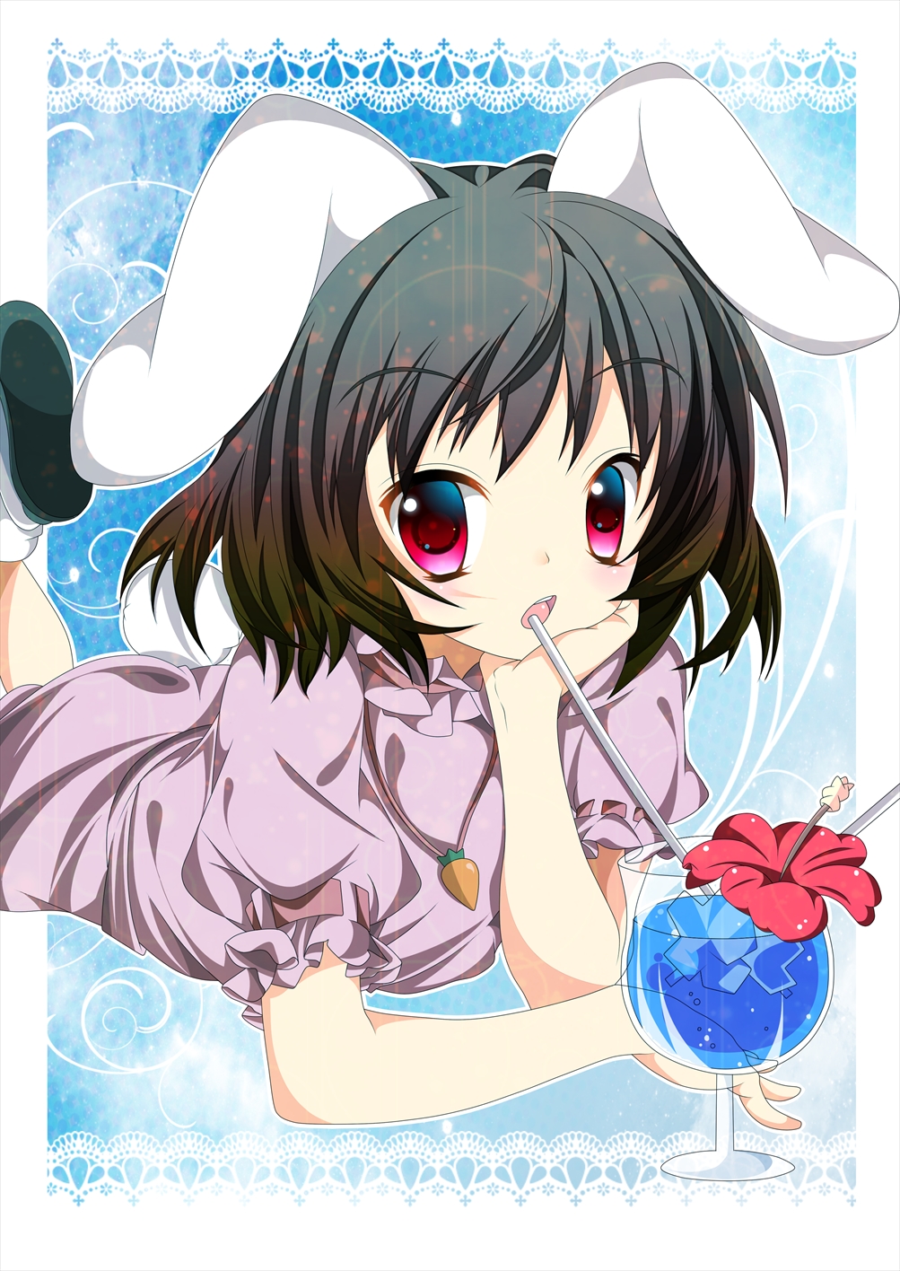 animal_ears bad_id bad_pixiv_id black_hair blue_hawaii bunny_ears chin_rest drink elbow_rest highres hikobae inaba_tewi jewelry looking_at_viewer lying on_stomach pendant red_eyes short_hair solo touhou tropical_drink