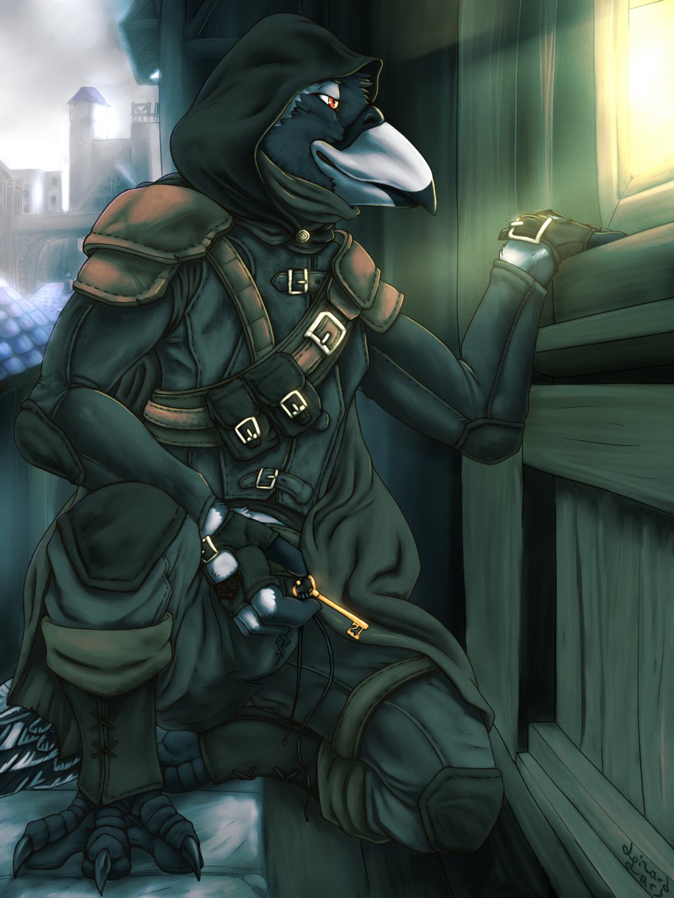 arch australian_magpie avian bandolier beak buckles chimney city claws feathers fingerless_gloves fingertipless_gloves gloves hood key lizardlars magpie outside pockets pouches red_eyes rooftop window
