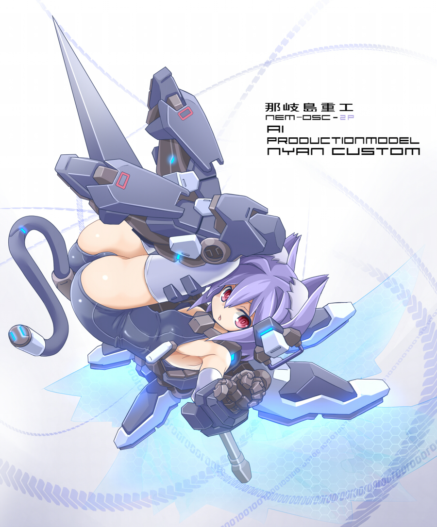 alternate_color animal_ears ass black_swimsuit cat_ears densou_tenshi_valforce elbow_gloves gauntlets gloves hair_intakes hairpods huge_weapon kannagi_ai karukan_(monjya) kemonomimi_mode lance mechanical_tail one-piece_swimsuit polearm purple_hair red_eyes short_hair solo swimsuit tail thighhighs thrusters upside-down weapon white_legwear