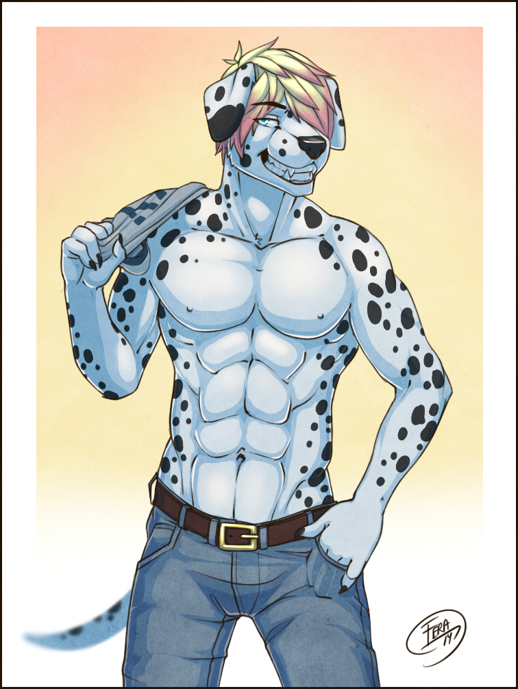 blonde_hair canine clothing college dalmatian dog feralise hair invalid_color jeans male mammal muscles pecs shirt sketchem spots standing student syphon topless young