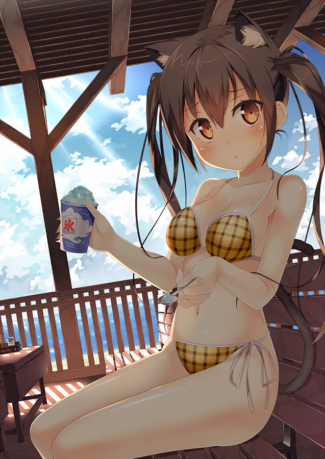 animal_ears black_hair blush brown_eyes cat_ears cat_tail cloud day hatsuki_kaname ice looking_at_viewer original sky solo swimsuit tail twintails