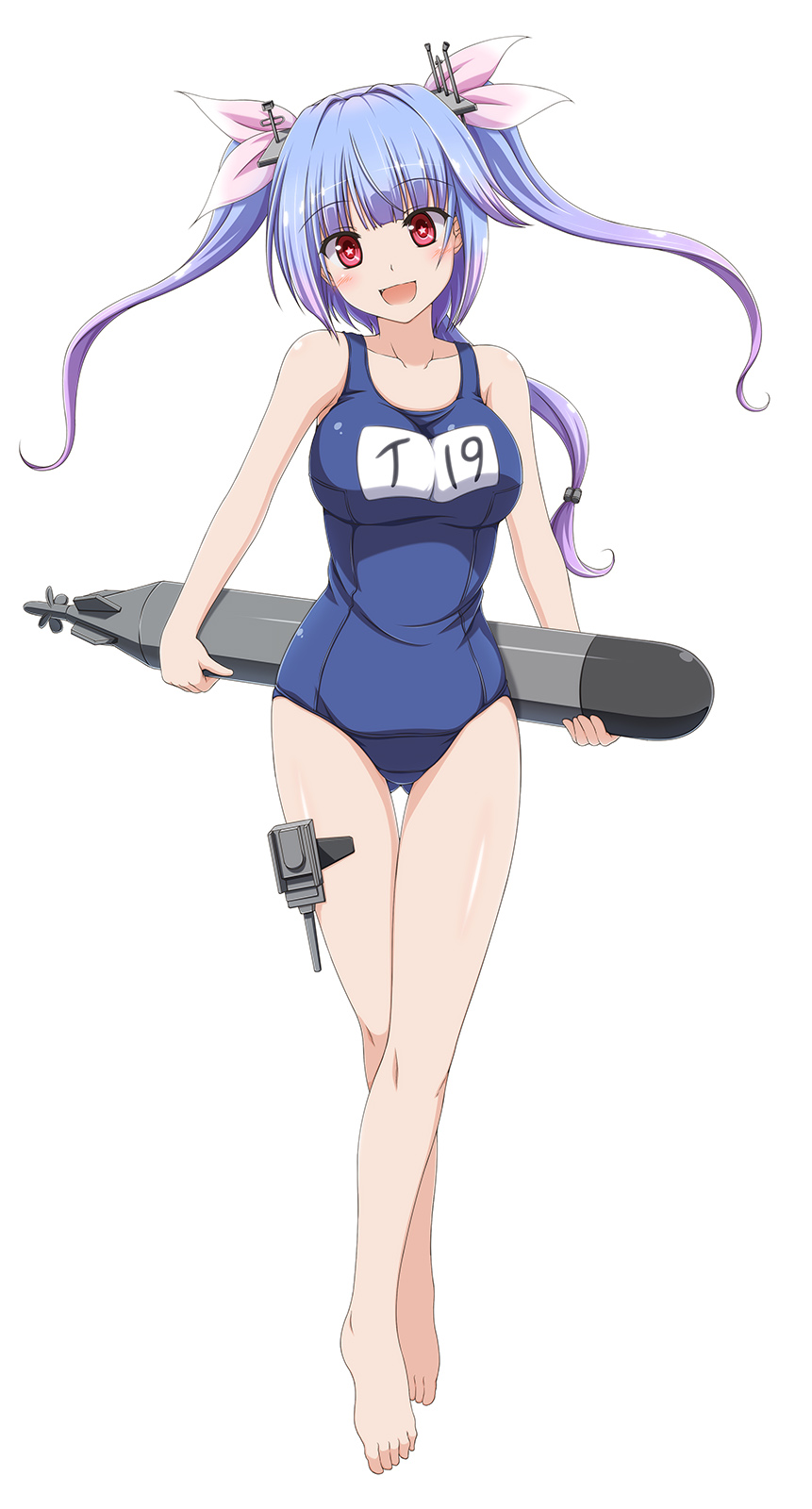 :d bad_id bad_pixiv_id barefoot blue_hair blush crossed_legs hair_ribbon head_tilt highres holding holding_torpedo i-19_(kantai_collection) kantai_collection looking_at_viewer machinery multicolored_hair one-piece_swimsuit open_mouth purple_hair red_eyes ribbon school_swimsuit shira-nyoro smile solo star star-shaped_pupils swimsuit symbol-shaped_pupils thigh_gap torpedo turret twintails