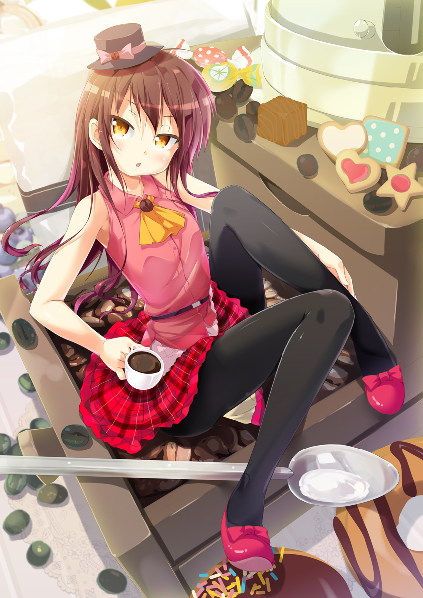 :o black_legwear blush bow brown_hair cafe-chan_to_break_time cafe_(cafe-chan_to_break_time) chestnut_mouth coffee coffee_beans commentary_request cookie cover_image food hat hat_bow highres long_hair mini_hat mini_top_hat minigirl orange_eyes pantyhose personification plaid plaid_skirt porurin skirt sleeveless solo spoon sprinkles teaspoon top_hat