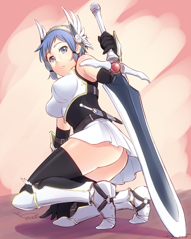 arm_support artist_name ass black_gloves black_legwear blue_eyes blue_hair breastplate breasts elbow_gloves frown gauntlets gloves greaves hairband korisei looking_back medium_breasts no_panties o-ring original planted_sword planted_weapon scabbard sheath short_hair signature skirt solo squatting sword thighhighs weapon