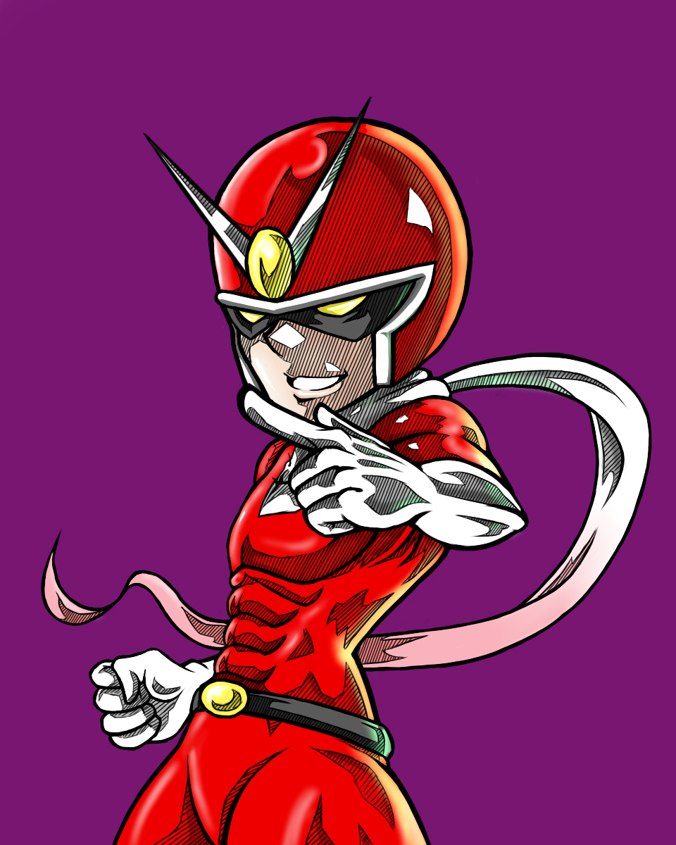 abs clenched_hand gloves helmet highres male_focus mask no_pupils scarf skin_tight solo uri_(ayanokouziii) viewtiful_joe viewtiful_joe_(character) white_gloves yellow_eyes