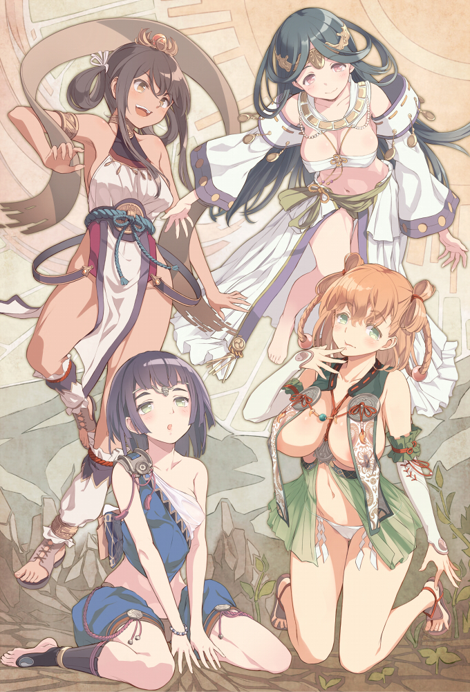 :o anklet ayakashikone barefoot barefoot_sandals black_hair blush bracelet breasts breasts_apart brown_eyes brown_hair circlet dark_skin detached_sleeves floating green_eyes hair_rings hand_to_own_mouth ikugui japanese_mythology jewelry kneeling kojiki_(chronicle) large_breasts long_hair mizura moeru!_jiten moeru!_nihon_shinwa_no_megami_jiten multiple_girls navel official_art ootonobe open_mouth open_toe_shoes orange_hair panties sandals sarashi shoes short_hair sitting suhijini supertie toeless_legwear underwear wariza white_panties