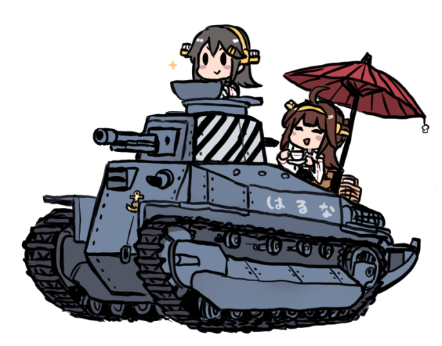 2girls ahoge brown_hair character_name chibi cup double_bun eyes_closed grey_hair ground_vehicle hair_ornament hairclip haruna_(kantai_collection) headgear holding holding_cup holding_saucer kantai_collection kongou_(kantai_collection) long_hair military military_vehicle motor_vehicle multiple_girls nontraditional_miko oriental_umbrella picnic_basket simple_background sparkle tank teacup terrajin type_89_i-gou umbrella white_background