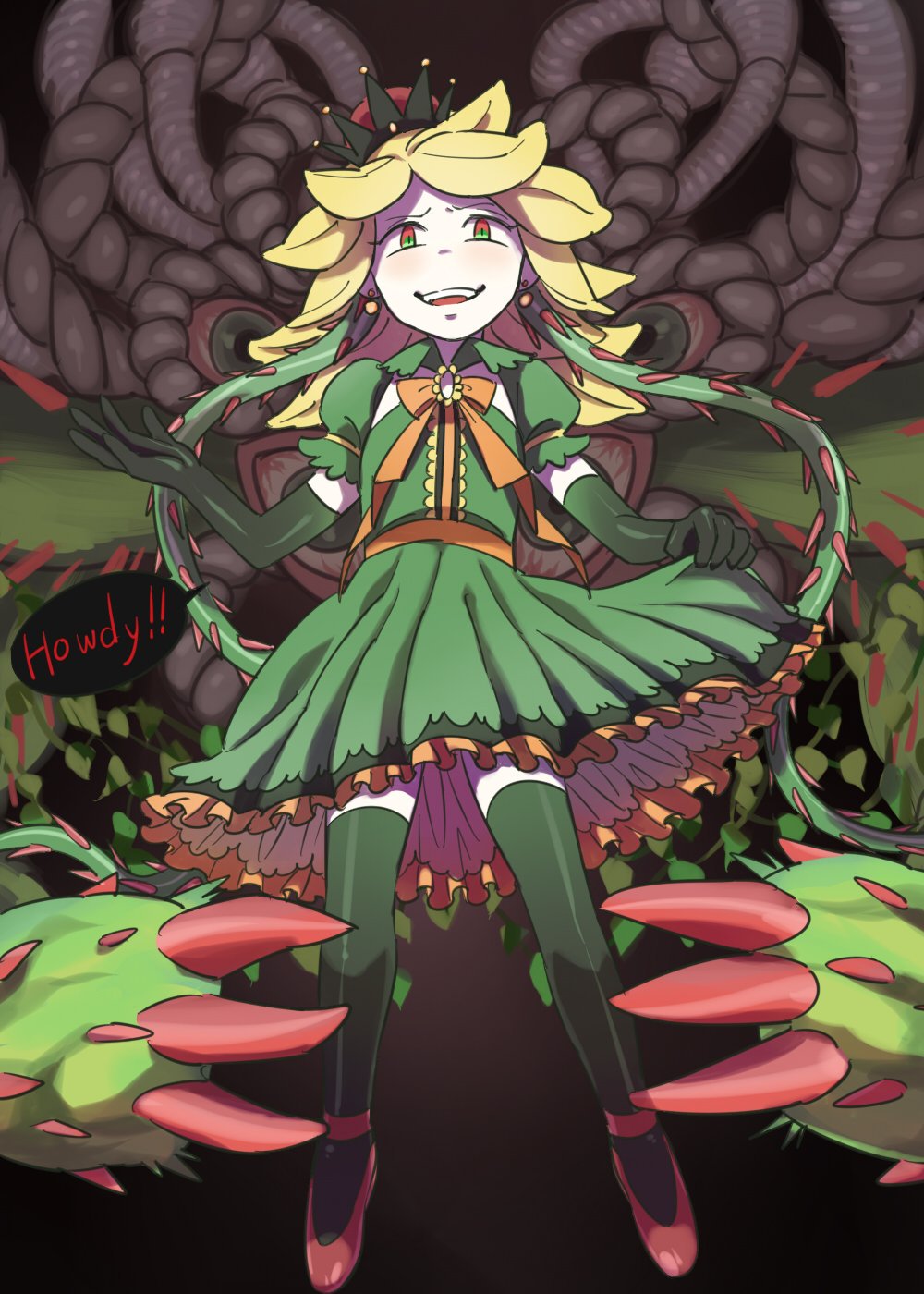 2bori1_(artist) alternate_species armwear bow clothed clothing dress ear_piercing ear_ring elbow_gloves female flora_fauna flowey_the_flower gloves humanoid humanoidized legwear multicolored_eyes not_furry open_mouth petal_hair photoshop_flowey piercing plant ribbons skirt smile solo super_crown thigh_highs undertale video_games white_skin