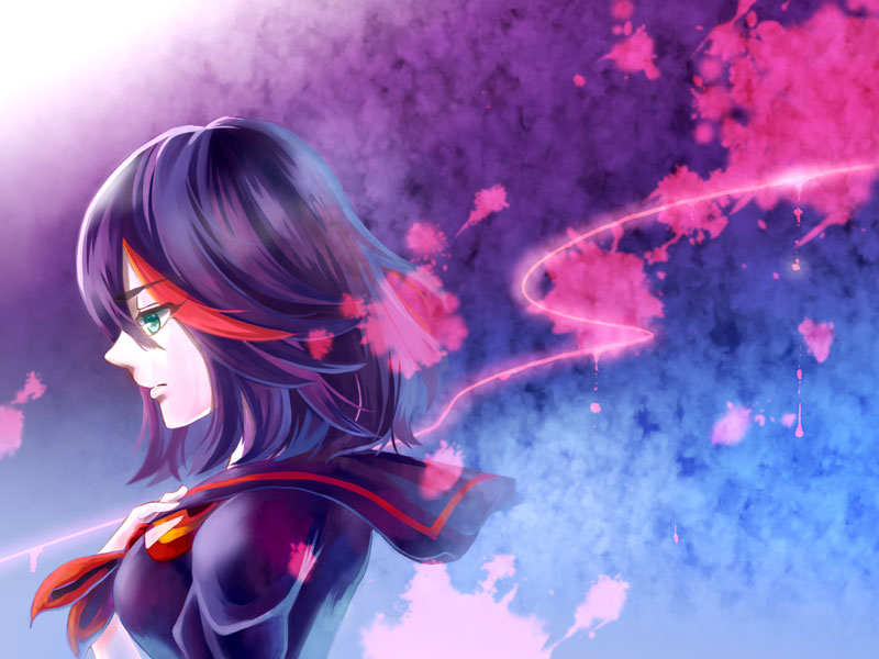 black_hair kill_la_kill matoi_ryuuko multicolored_hair profile school_uniform senketsu serafuku short_hair solo streaked_hair yakata_(artist)