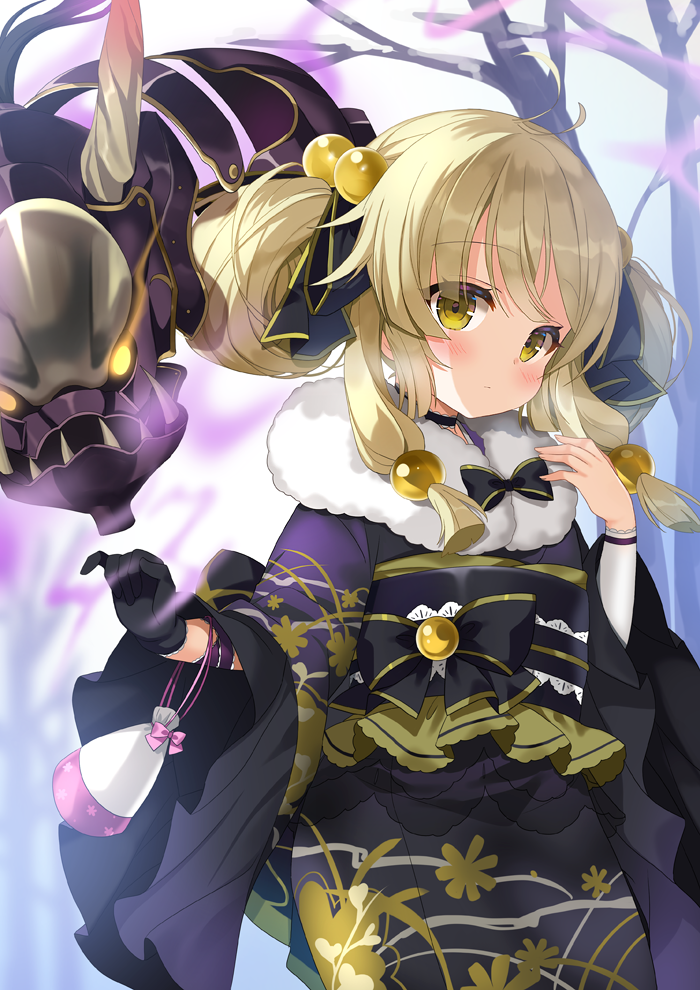 1girl bangs bare_tree black_bow black_gloves black_kimono blonde_hair blush bow brown_eyes character_request closed_mouth commentary_request double_bun eyebrows_visible_through_hair floral_print flower_knight_girl fur_collar gloves hair_between_eyes hair_bobbles hair_bow hair_ornament hand_up japanese_clothes kimono kurot long_sleeves looking_at_viewer obi print_kimono sash side_bun sidelocks single_glove snow solo tree wide_sleeves