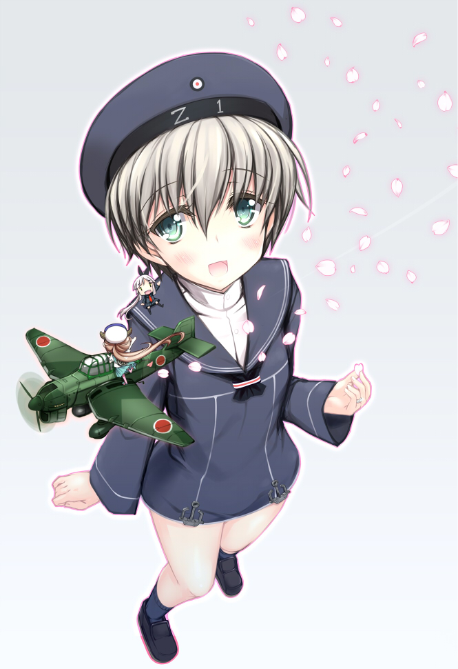 3girls :d aircraft airplane aqua_eyes aqua_skirt black_skirt blue_legwear blush bottomless brown_hair buttons clothes_writing fairy_(kantai_collection) from_above grey_background hat holding jewelry ju_87 ju_87c_kai kantai_collection loafers long_hair long_sleeves military military_uniform multiple_girls on_shoulder open_mouth petals pleated_skirt ponytail ring sailor_collar sailor_hat shiwo shoes short_hair short_sleeves silver_hair skirt smile uniform wedding_ring z1_leberecht_maass_(kantai_collection)