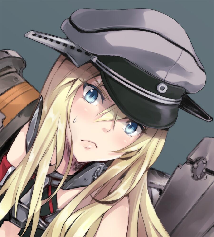 bismarck_(kantai_collection) blonde_hair blue_eyes blush commentary_request face hat kantai_collection long_hair looking_at_viewer peaked_cap pokimari solo