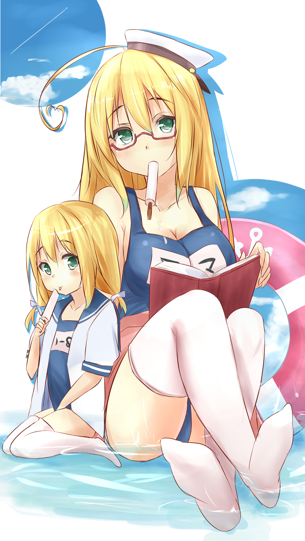 ahoge bare_shoulders blonde_hair book breasts commentary_request food food_in_mouth glasses green_eyes hair_ribbon hat heart_ahoge highres i-8_(kantai_collection) if_they_mated innertube kantai_collection large_breasts long_hair looking_at_viewer low_twintails mother_and_daughter mouth_hold multiple_girls partially_submerged popsicle red-framed_eyewear ribbon saku_(kudrove) school_swimsuit school_uniform serafuku swimsuit thighhighs tongue tongue_out twintails water white_legwear younger