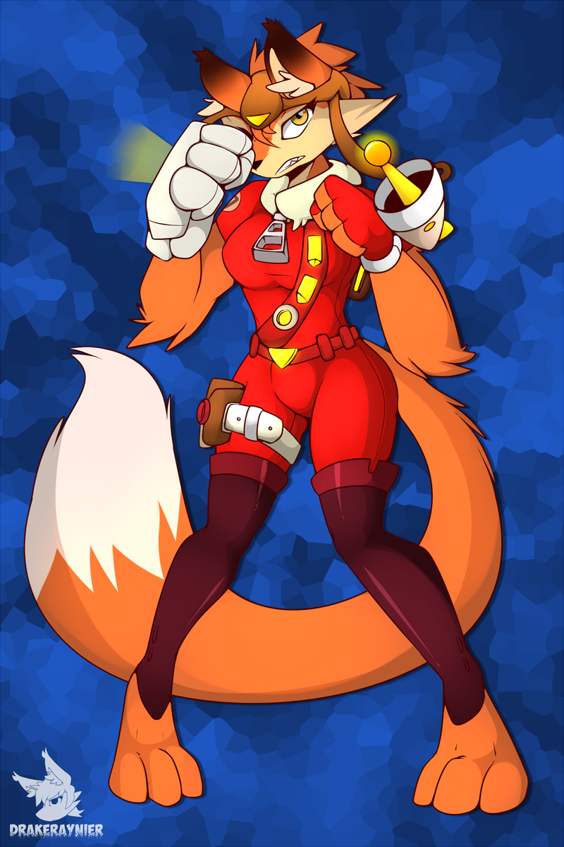 anthro aviator_hat awesomenauts canine claws clenched_fist clenched_teeth drakeraynier female fighting_stance fox looking_at_viewer mammal penny_fox pose solo suit teeth