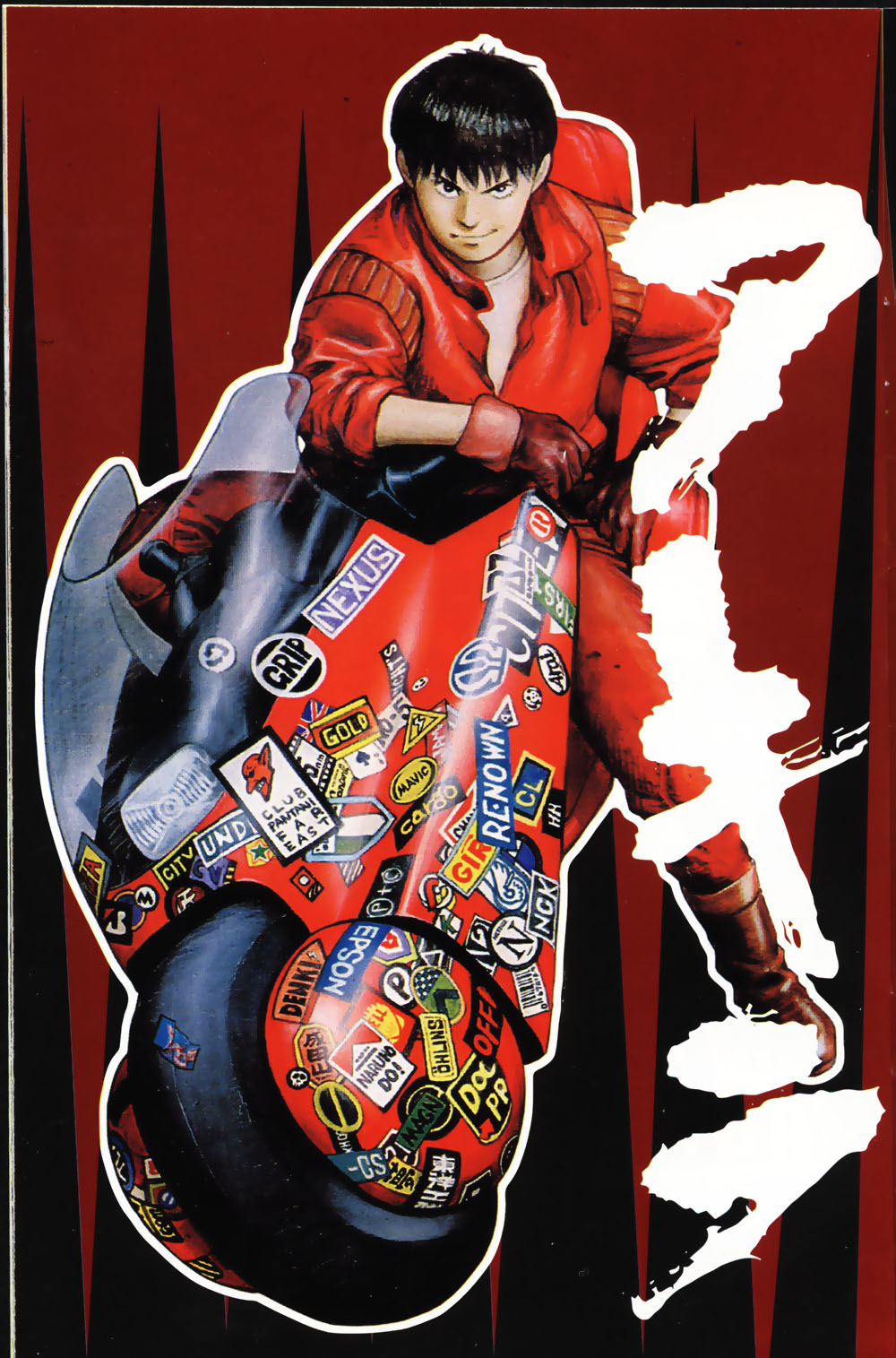 akira black_hair boots bumper_sticker gloves ground_vehicle hand_on_hip hands highres jacket kaneda_shoutarou male_focus motor_vehicle motorcycle ootomo_katsuhiro pants solo