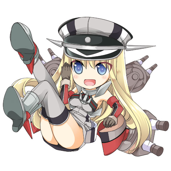 :d armpits bare_shoulders bismarck_(kantai_collection) blonde_hair blue_eyes blush cannon chibi elbow_gloves gloves grey_legwear hat kantai_collection legs_up long_hair military military_uniform no_nose open_mouth peaked_cap sakura_hanatsumi simple_background smile solo thighhighs uniform white_background