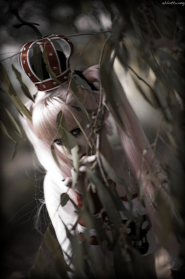 1girl cosplay crown long_sleeves one_piece perona perona_(cosplay) photo pink_hair solo thriller_bark twintails