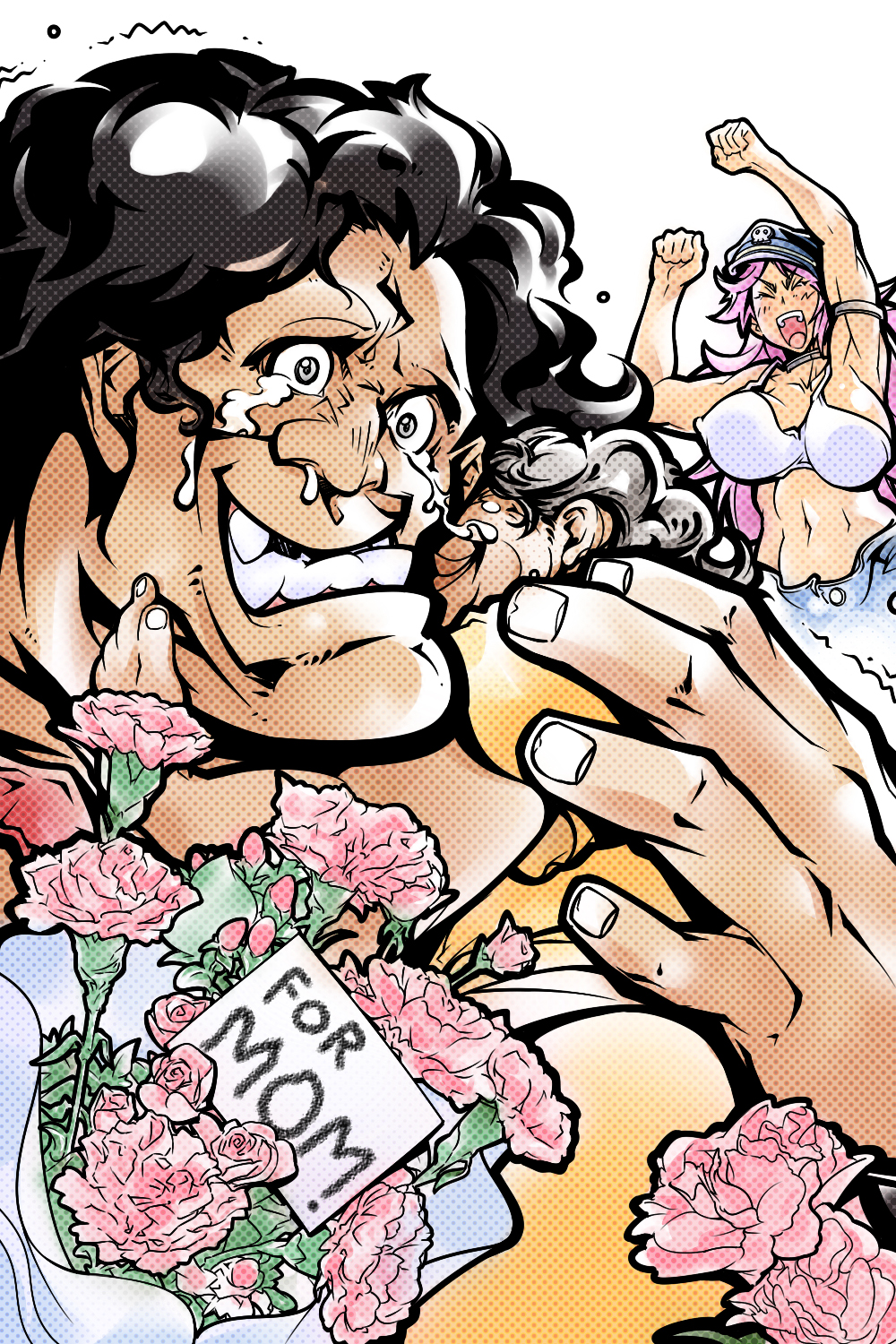 2girls black_hair bouquet breasts carnation crying crying_with_eyes_open curly_hair extra fist_pump flower happy_tears hat highres hug hugo_andore large_breasts long_hair midriff mother's_day mother_and_son multiple_girls peaked_cap pink_hair poison_(final_fight) size_difference snot street_fighter street_fighter_iii_(series) tank_top tears usuiken