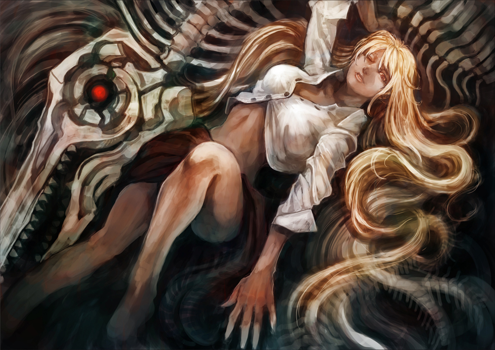 barefoot blonde_hair bone breasts cleavage glowing glowing_eyes lack large_breasts long_hair midriff original skeleton skull solo