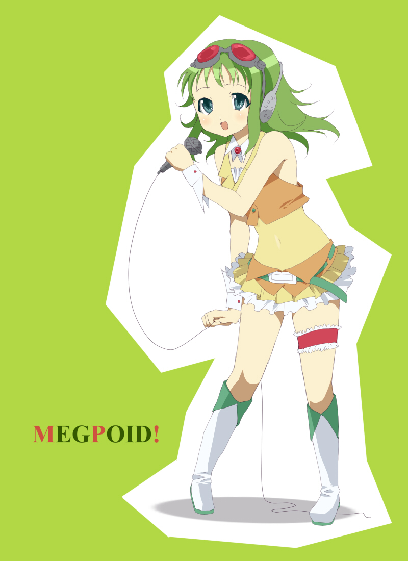 bad_id bad_pixiv_id belt blue_eyes boots frills garters goggles green_hair gumi headset mellowd microphone midriff short_hair smile solo vest vocaloid wing_collar wrist_cuffs