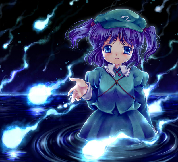 blue_eyes blue_hair ghost hair_bobbles hair_ornament hat iris_anemone kawashiro_nitori key short_hair solo touhou twintails two_side_up wading water