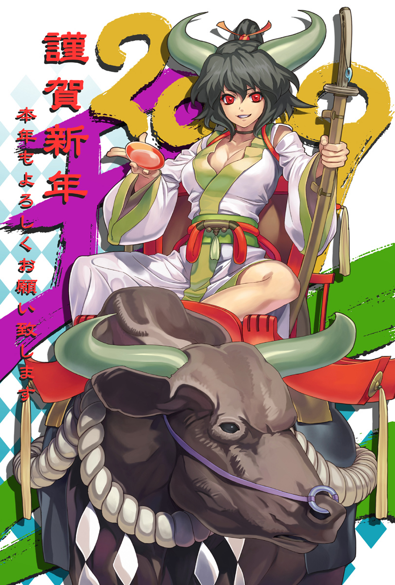 2009 alcohol breasts bull cleavage highres horns large_breasts original red_eyes ryuutetsu sake solo