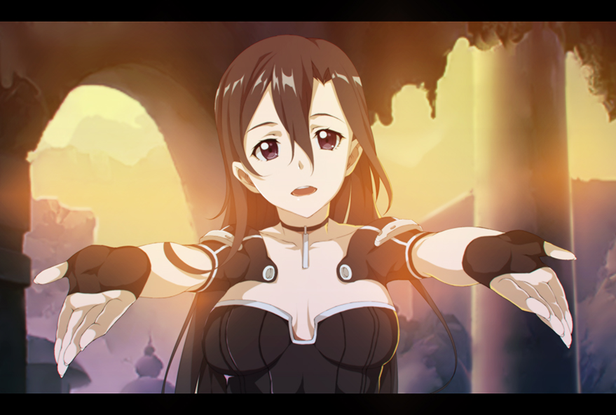 banned_artist black_hair breasts cleavage fingerless_gloves genderswap genderswap_(mtf) gloves kirito kirito_(sao-ggo) long_hair medium_breasts outstretched_arms red_eyes solo sword_art_online viola_(seed)