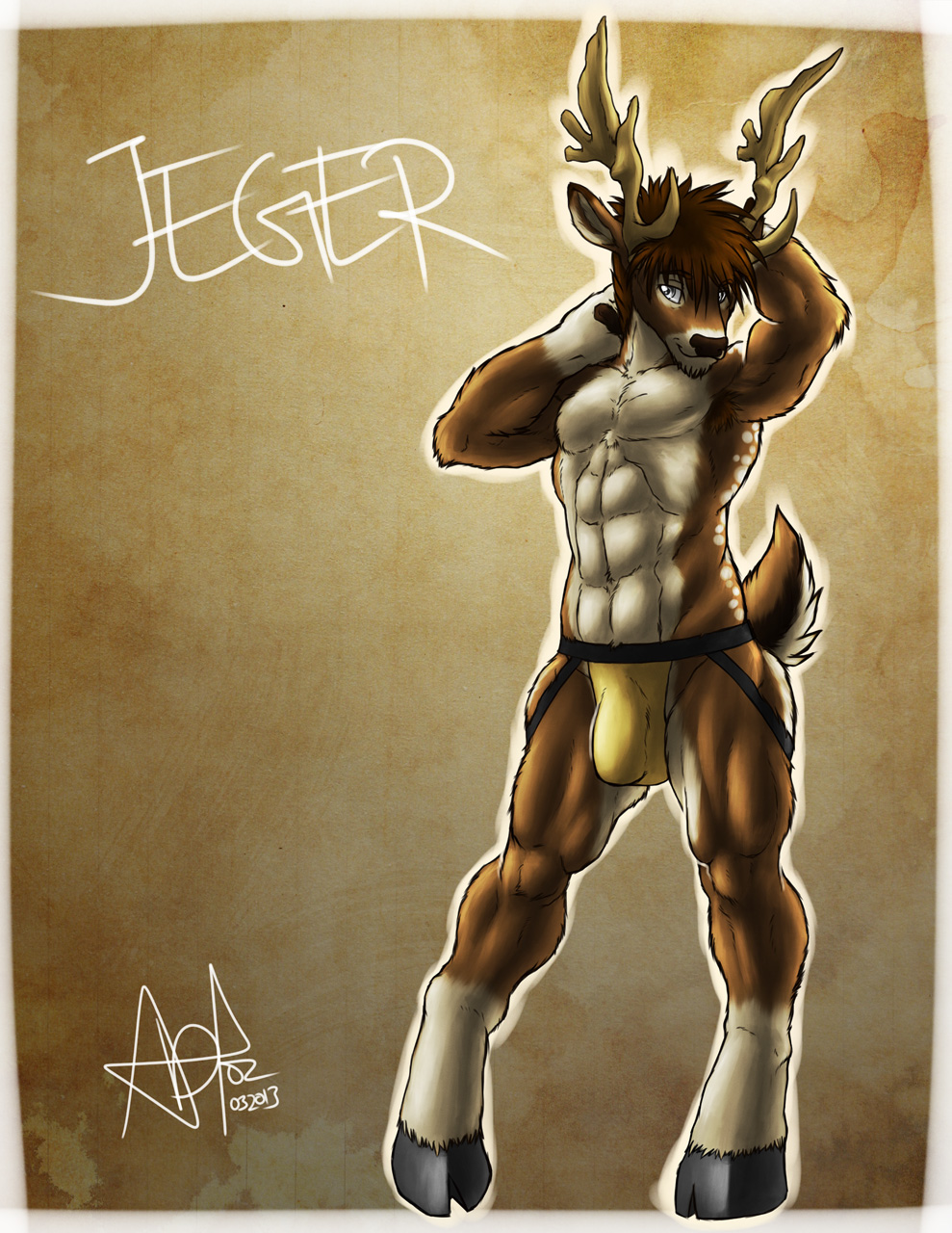 2013 abs abstract_background ada_oz biceps brown_hair bulge cervine clothed clothing deer fur grin hair hooves jockstrap looking_at_viewer male mammal markings multicolor_fur muscles pecs pose short_hair silver_eyes smile standing thong toned topless two_tone_fur underwear