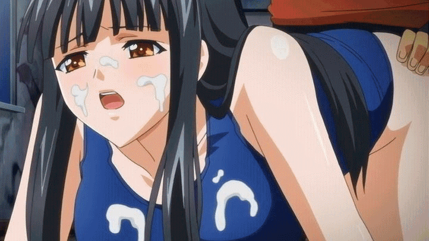 1boy 1girl all_fours animated animated_gif black_hair bounce bouncing_breasts breasts cum cum_on_body cum_on_breasts cum_on_upper_body ebihara_urara facial from_behind guilty+ hazel_eyes hetero kneeeling large_breasts long_hair moaning rin_x_sen screencap solo_focus swimsuit vaginal yellow_eyes