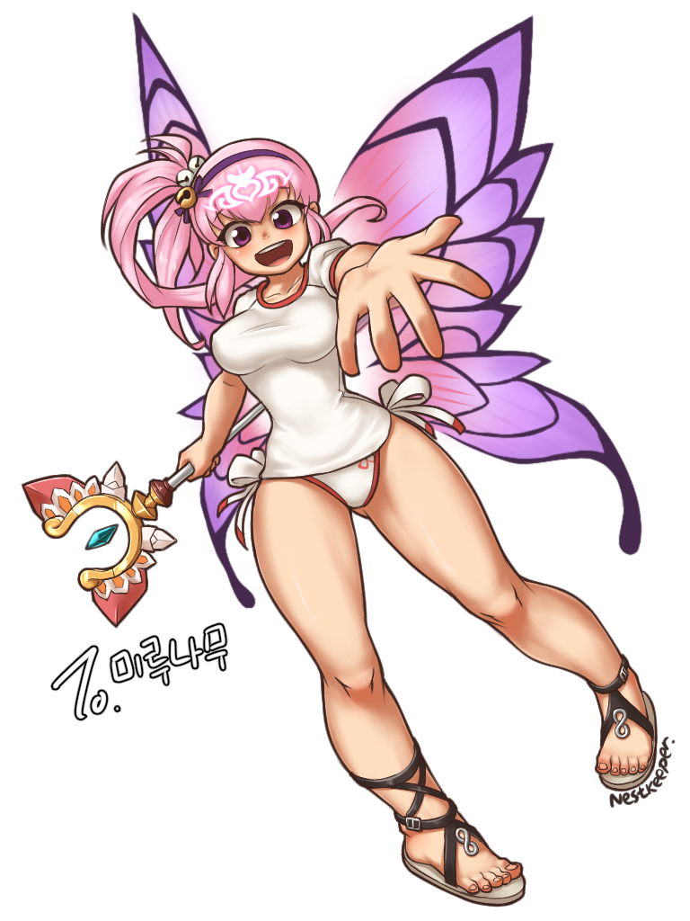 aisha_(elsword) bell breasts butterfly_wings elsword hair_bell hair_ornament hairband holding holding_wand large_breasts multicolored multicolored_wings nestkeeper outstretched_hand panties pigeon-toed pink_hair purple_eyes purple_wings sandals shirt side-tie_panties side_ponytail solo t-shirt toes underwear wand white_background white_panties wings