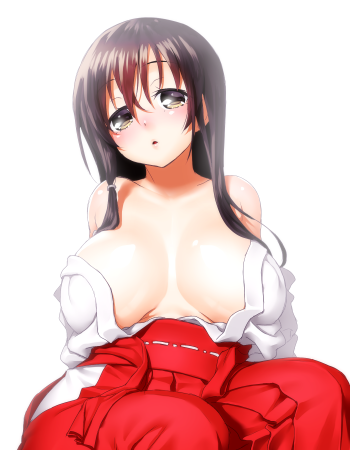 black_hair blush breasts breasts_apart brown_eyes hair_ornament hakama head_tilt huge_breasts iwato_kasumi japanese_clothes long_hair looking_at_viewer miko onsoku_maru open_clothes open_mouth parted_lips red_hakama saki simple_background solo tareme tears white_background