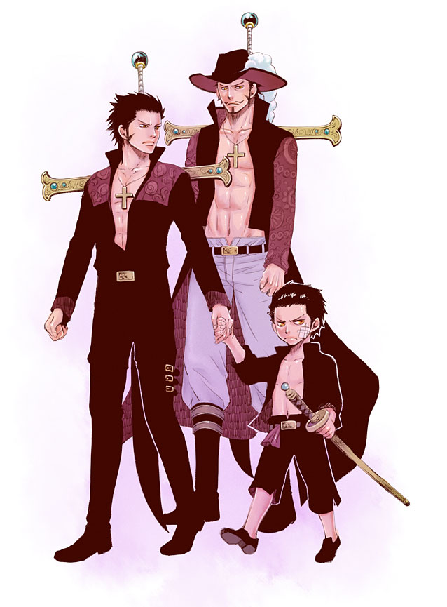 1boy abs age_progression belt black_hair boots capri_pants chinstrap dracule_mihawk hat hat_feather jewelry kyuujou_emiri lining male male_focus multiple_persona necklace one_piece open_clothes open_shirt pants popped_collar sash shirt sword time_paradox weapon yellow_eyes yoru_(one_piece)