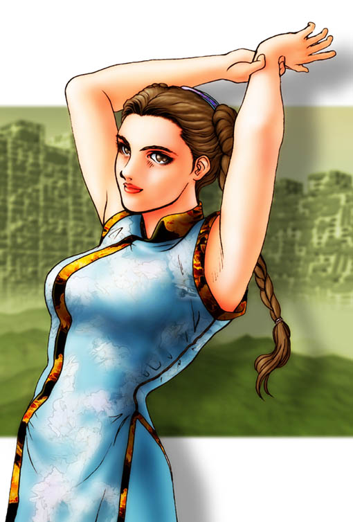 arms_up braid breasts brown_eyes brown_hair bure_bure_(psyblade) chinese_clothes double_bun lips long_hair medium_breasts nose pai_chan smile solo twin_braids virtua_fighter