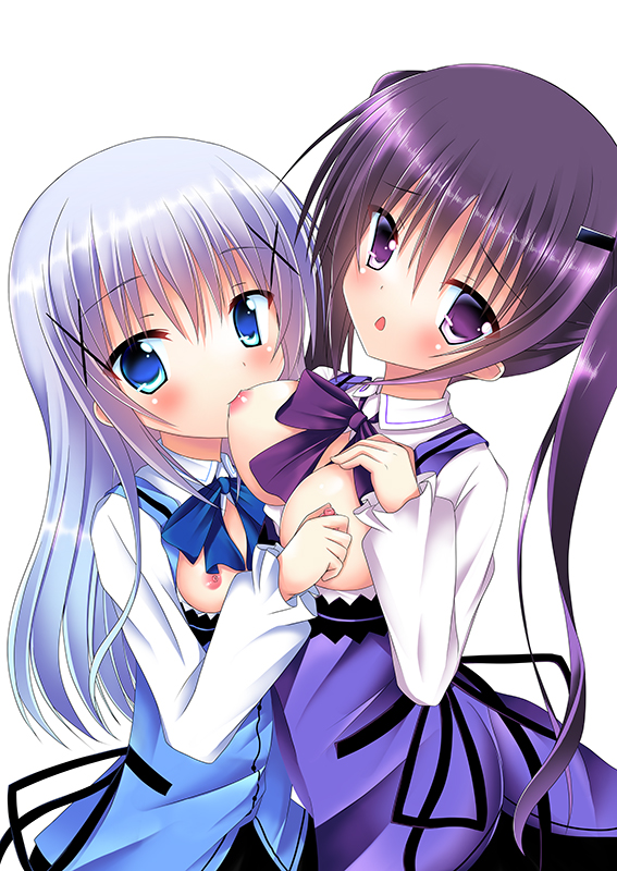 bad_id bad_pixiv_id blue_eyes blue_hair blush breast_sucking breasts breasts_outside gochuumon_wa_usagi_desu_ka? hair_ornament hairclip kafuu_chino large_breasts long_hair looking_at_viewer multiple_girls nipple_tweak nipples purple_eyes purple_hair rabbit_house_uniform reiji_0_g small_breasts tedeza_rize twintails waitress x_hair_ornament yuri