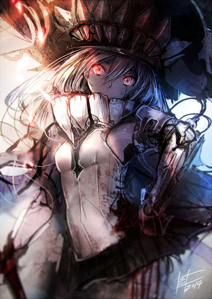 akaitera bad_id bad_pixiv_id banned_artist blood bodysuit cape kantai_collection mechanical_arm red_eyes shinkaisei-kan silver_hair staff wo-class_aircraft_carrier