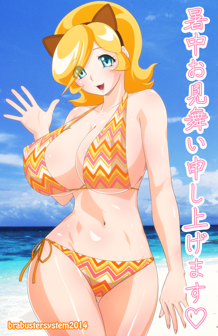 1girl animal_ears beach bikini blonde_hair blue_eyes breasts cat_ears curvy erect_nipples female hair_ornament huge_breasts magutan navel ocean open_mouth original outdoors solo standing string_bikini summer swimsuit thigh_gap translation_request waving