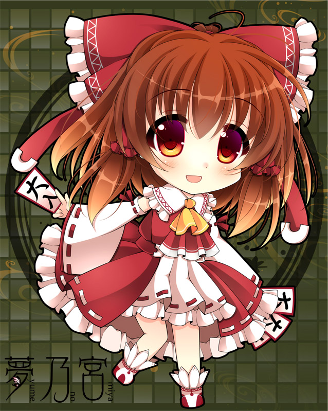 :d adapted_costume ahoge ascot bow brown_eyes brown_hair checkered checkered_background chibi detached_sleeves dress frilled_dress frills full_body green_background hair_bow hair_ornament hair_ribbon hair_tubes hakurei_reimu holding looking_at_viewer ofuda open_mouth red_dress ribbon smile socks solo standing standing_on_one_leg touhou white_legwear yumemiya_subaru