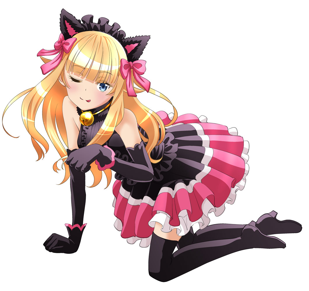 1girl ;p all_fours animal_ears arm_support bangs bell bell_collar black_footwear black_gloves black_shirt blonde_hair blue_eyes blunt_bangs boots collar elbow_gloves eyebrows_visible_through_hair fake_animal_ears floating_hair full_body gloves layered_skirt long_hair looking_at_viewer maid_headdress miniskirt one_eye_closed princess_(princess_principal) princess_principal shiny shiny_hair shirt simple_background skirt sleeveless sleeveless_shirt solo taniguchi_gou thigh_boots thighhighs tongue tongue_out white_background