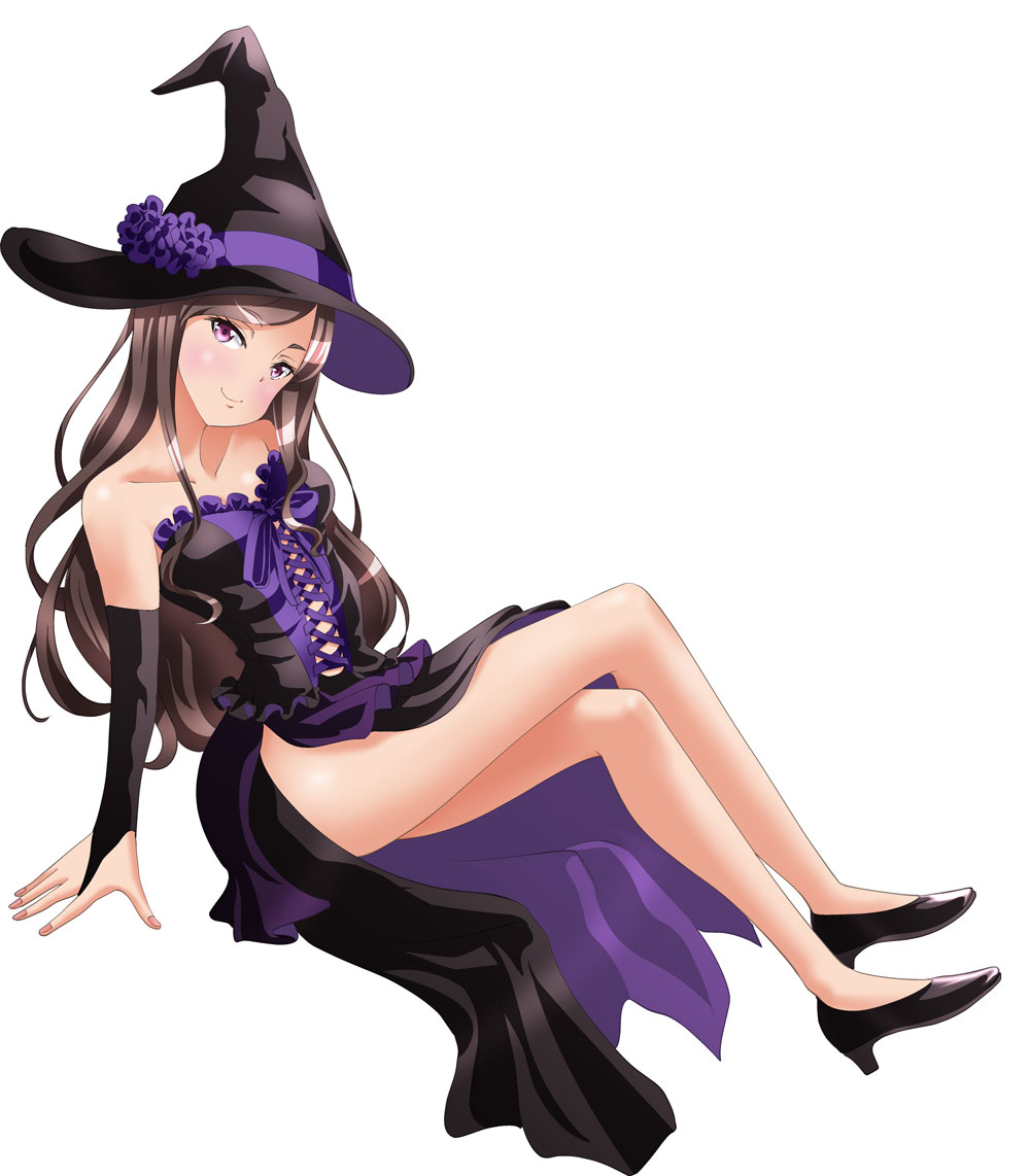 arm_support bangs bare_legs bare_shoulders black_detached_sleeves black_dress black_footwear black_hat black_skirt black_sleeves breasts brown_hair closed_mouth collarbone corset cross-laced_clothes cross-laced_dress detached_sleeves dorothy_(princess_principal) dress eyebrows_visible_through_hair female flower frills full_body hat hat_flower hat_ribbon head_tilt high_heels highres invisible_chair legs legs_crossed long_dress long_hair long_skirt long_sleeves looking_at_viewer medium_breasts multicolored multicolored_clothes multicolored_dress nail_polish neck parted_bangs pink_eyes pink_nails princess_principal pump purple_dress purple_flower purple_ribbon ribbon shiny shiny_hair side_slit simple_background sitting skirt smile solo strapless strapless_dress swept_bangs taniguchi_gou very_long_hair white_background witch witch_hat