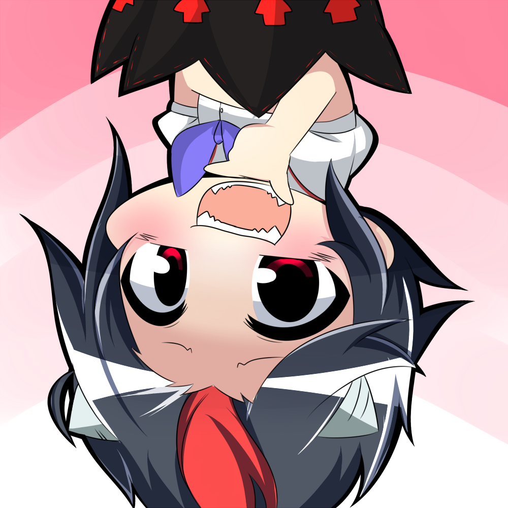 :d black_hair chibi hand_on_own_chin horns kijin_seija looking_at_viewer multicolored_hair open_mouth red_eyes sharp_teeth short_hair smile solo teeth touhou two-tone_hair twumi upside-down