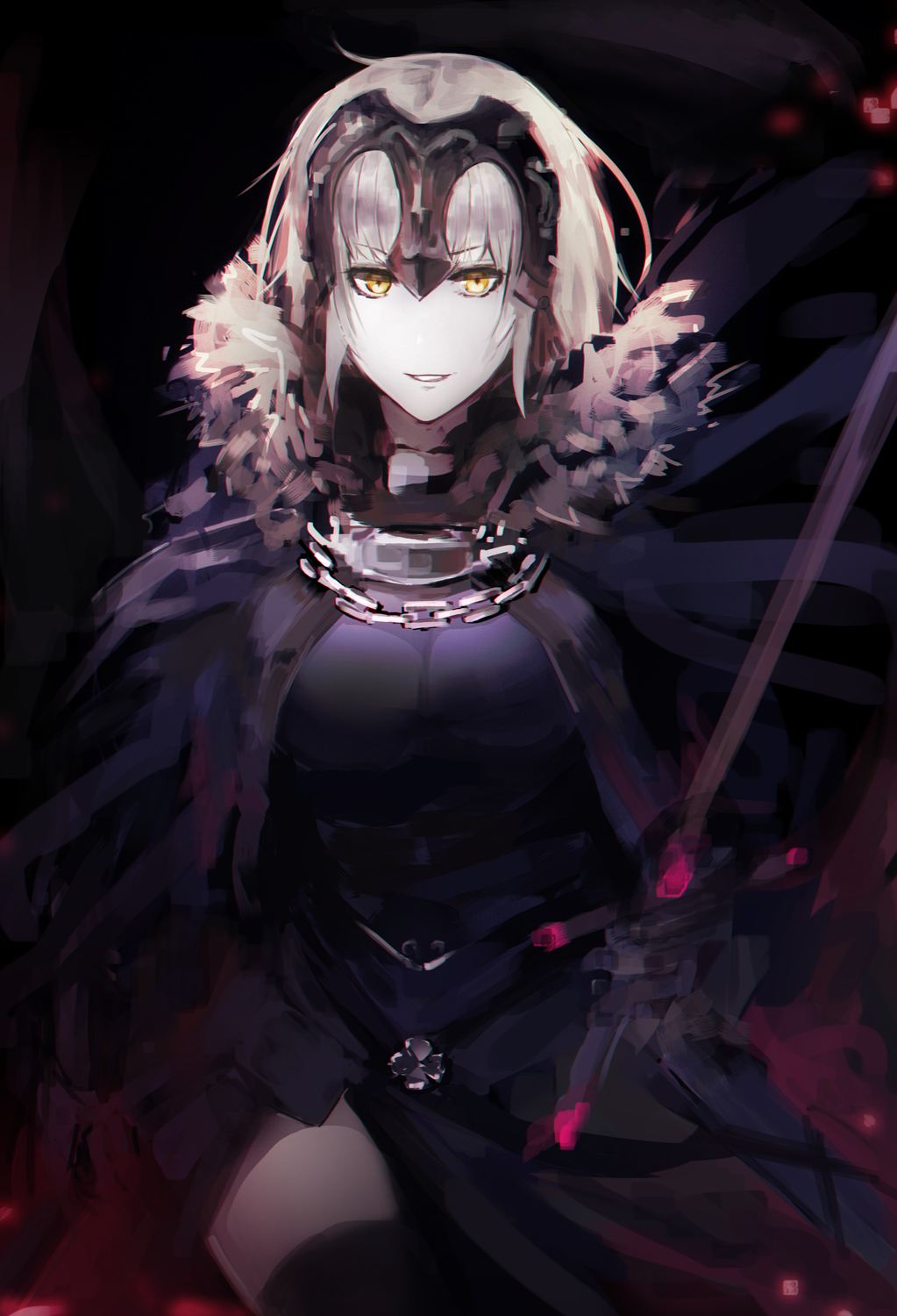 1girl black_dress black_gloves black_legwear breasts dress eyebrows_visible_through_hair fate/grand_order fate_(series) gloves highres holding holding_sword holding_weapon jeanne_d'arc_(alter)_(fate) jeanne_d'arc_(fate)_(all) jeanne_d'arc_(alter)_(fate) jeanne_d'arc_(fate)_(all) large_breasts looking_at_viewer mozuyun parted_lips short_hair silver_hair smile solo sword thighhighs v-shaped_eyebrows weapon yellow_eyes