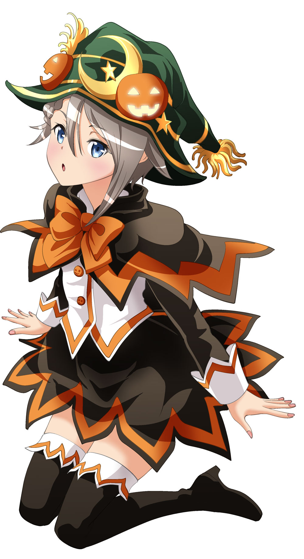 1girl :o ange_(princess_principal) black_footwear blue_eyes blush boots bow bowtie brown_capelet brown_skirt food_themed_hair_ornament full_body green_hat hair_between_eyes hair_ornament halloween halloween_costume hat highres kneeling long_sleeves miniskirt orange_bow orange_neckwear princess_principal pumpkin_hair_ornament shiny shiny_hair short_hair silver_hair simple_background skirt solo taniguchi_gou thigh_boots thighhighs white_background witch_hat zettai_ryouiki