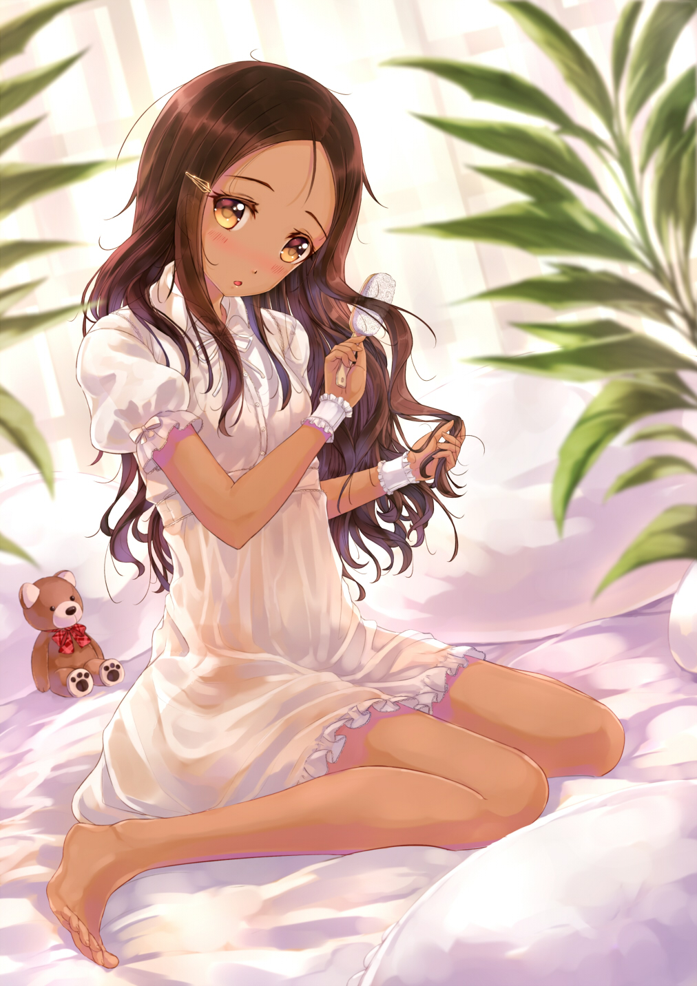 bare_legs barefoot blush brown_eyes brown_hair commentary_request dark_skin dress dutch_angle feet hair_brush hair_brushing hair_ornament hairpin highres kazeno long_hair original partial_commentary solo stuffed_animal stuffed_toy teddy_bear toes wrist_cuffs