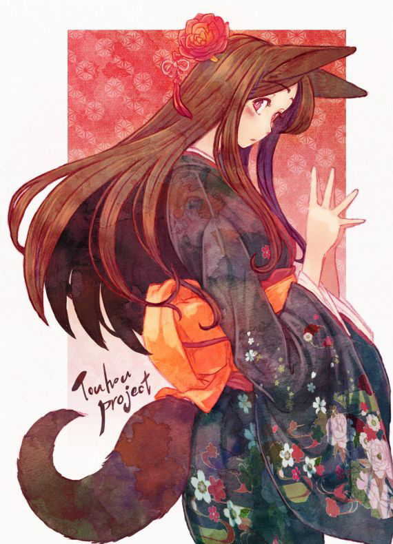 alternate_costume animal_ears blush brown_hair colored_pencil_(medium) copyright_name flower hair_flower hair_ornament imaizumi_kagerou japanese_clothes kimono long_hair long_sleeves looking_at_viewer obi red_eyes sash solo tail terrajin touhou traditional_media wolf_ears wolf_tail